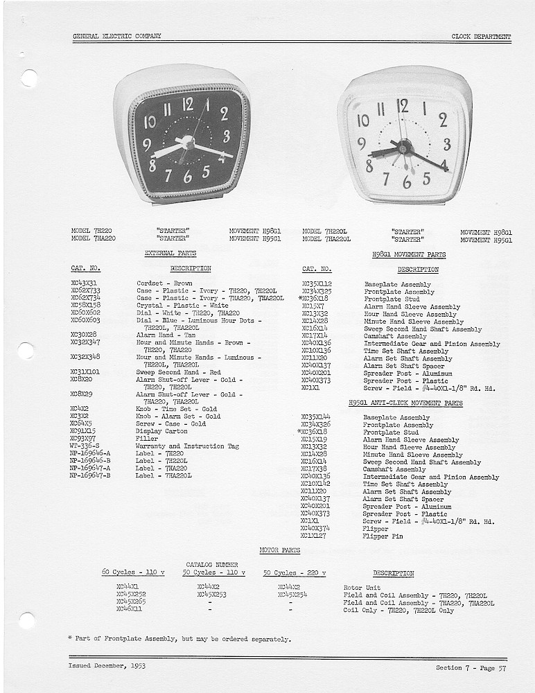 1950 General Electric Clocks Parts Catalog > Alarm Clocks > 7H220, 7HA220, 7HA220L, 7HA220L