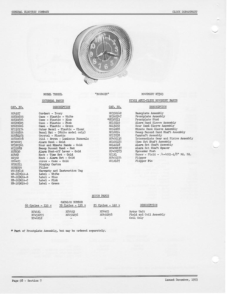 1950 General Electric Clocks Parts Catalog > Alarm Clocks > 7H222L