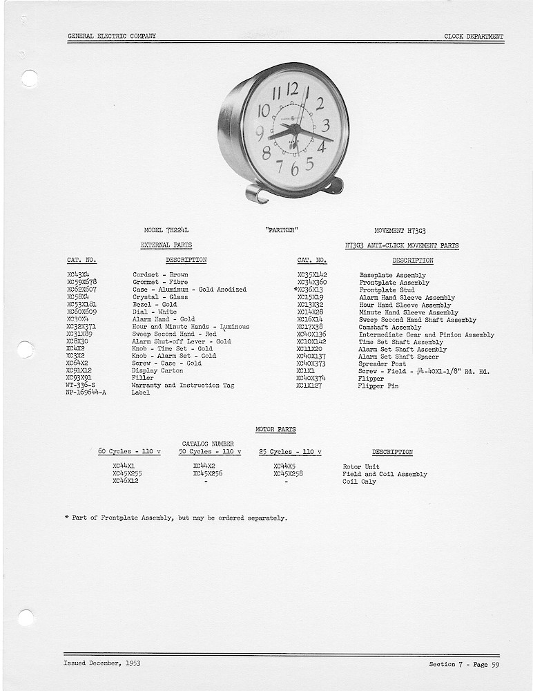 1950 General Electric Clocks Parts Catalog > Alarm Clocks > 7H224L