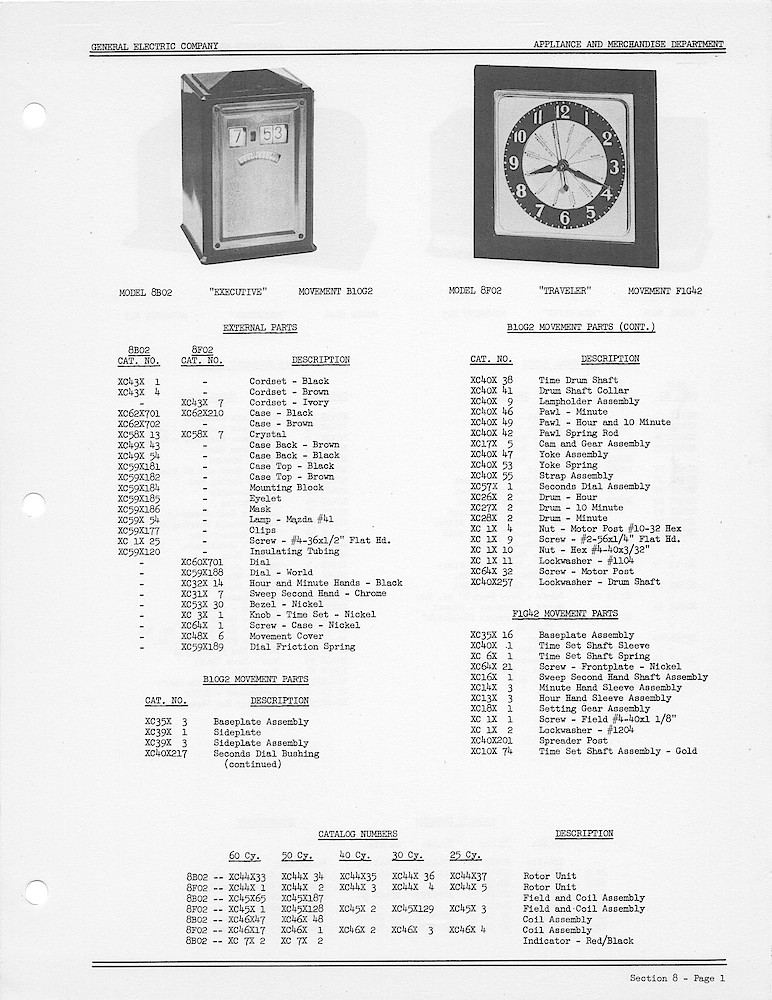 1950 General Electric Clocks Parts Catalog > Digital, Timers, Novelty and Misc. > 8B02, 8F02