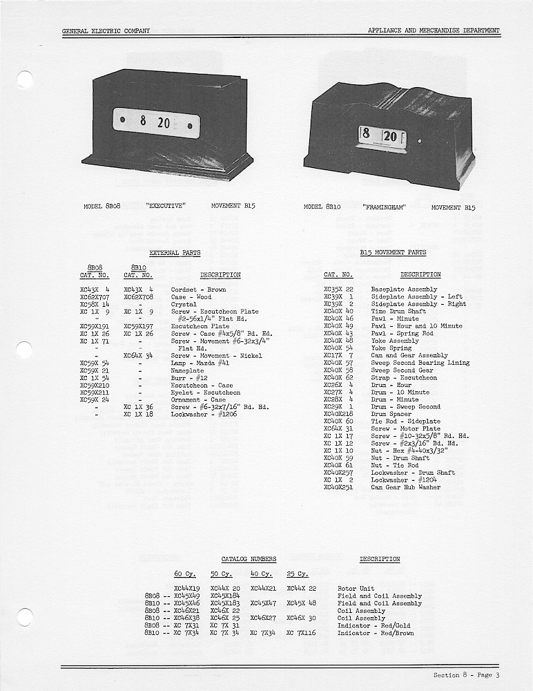 1950 General Electric Clocks Parts Catalog > Digital, Timers, Novelty and Misc. > 8B08, 8B10
