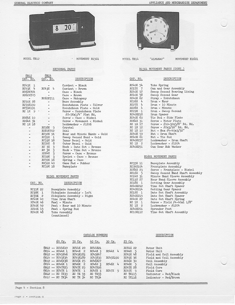 1950 General Electric Clocks Parts Catalog > Digital, Timers, Novelty and Misc. > 88B12, 8H14