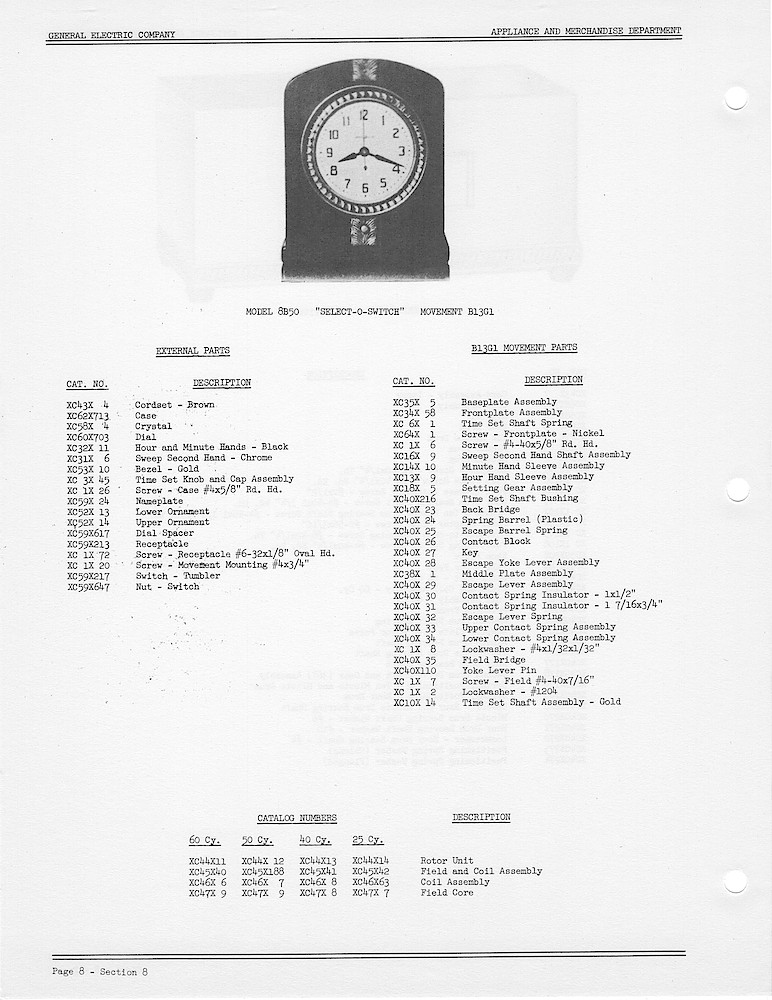 1950 General Electric Clocks Parts Catalog > Digital, Timers, Novelty and Misc. > 8B50