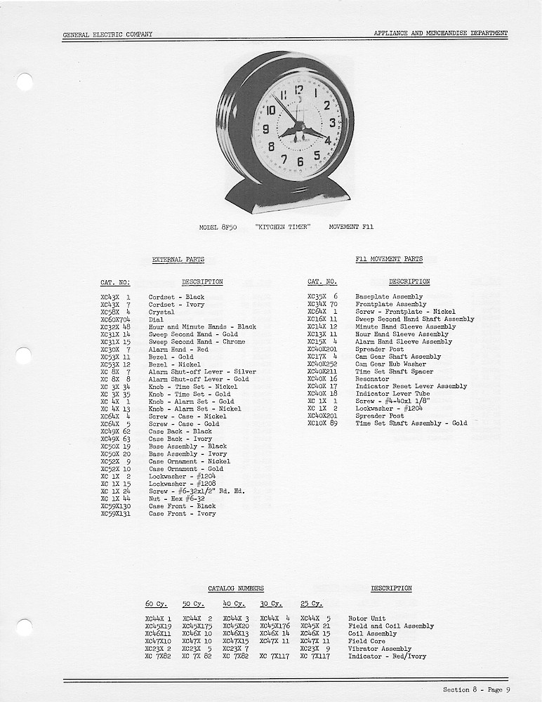 1950 General Electric Clocks Parts Catalog > Digital, Timers, Novelty and Misc. > 8F50