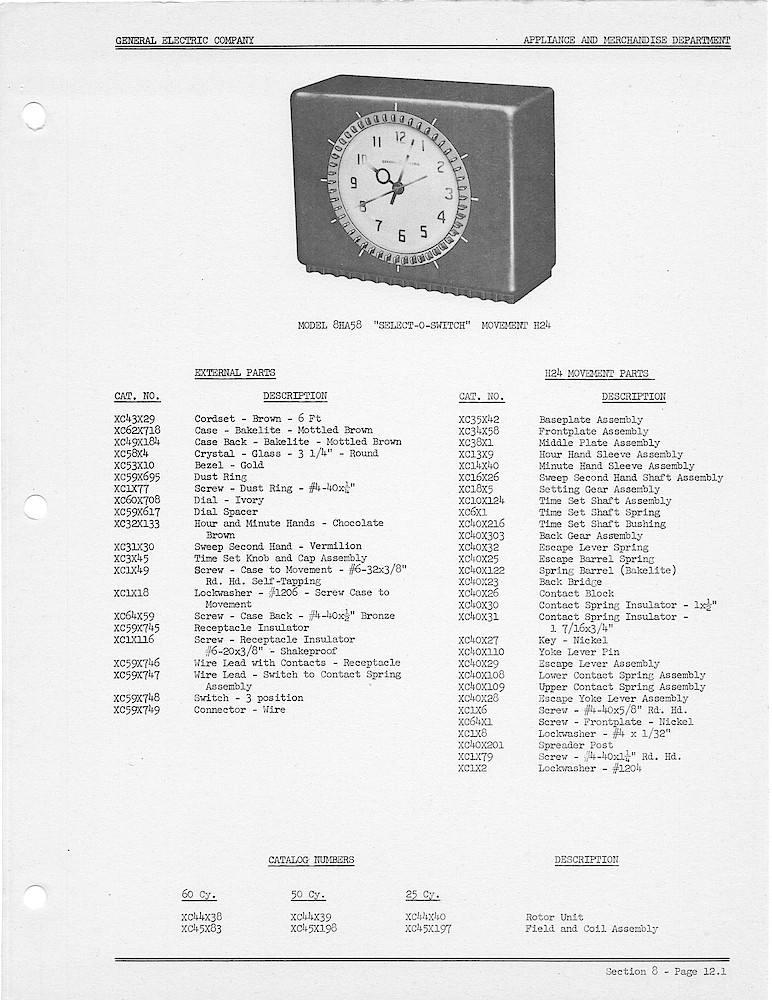 1950 General Electric Clocks Parts Catalog > Digital, Timers, Novelty and Misc. > 8HA58