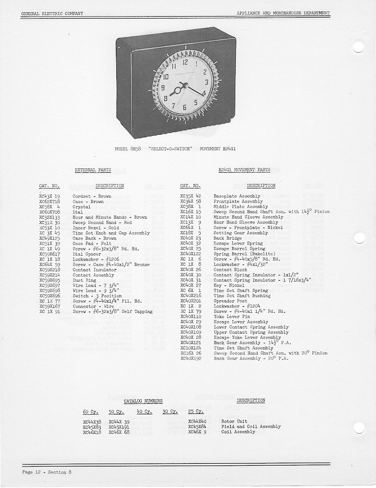 1950 General Electric Clocks Parts Catalog > Digital, Timers, Novelty and Misc. > 8H58