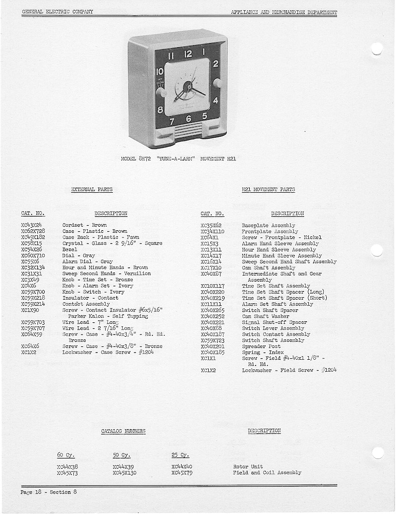 1950 General Electric Clocks Parts Catalog > Digital, Timers, Novelty and Misc. > 8H72