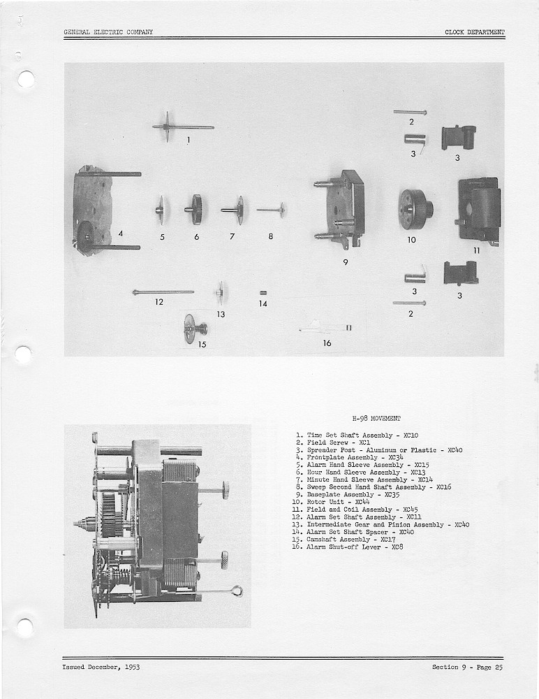 1950 General Electric Clocks Parts Catalog > Movements > H-98