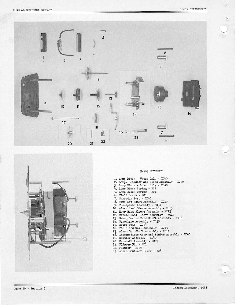 1950 General Electric Clocks Parts Catalog > Movements > H-103