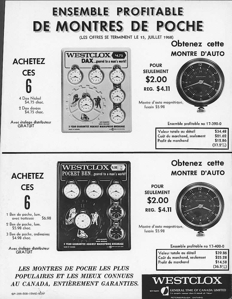 Westclox Canada 1967 Catalog > Pocket and Automobile Watch Specials. Shows Two Automobile Watches (with Stem At 6:00 Position, And Two Assortments Of Pocket Watches. This Page Came With The Catalog But Is Not Attached To It. SP-209-568-15ME-5MF.
