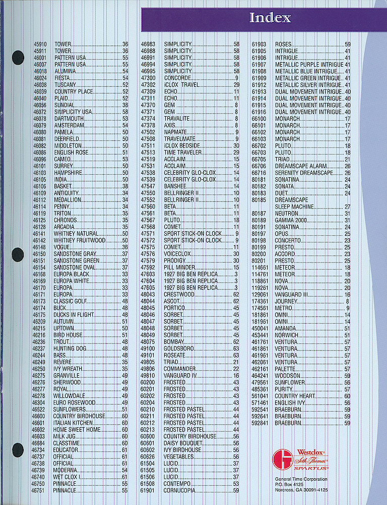 Westclox 2000 Catalog > Index