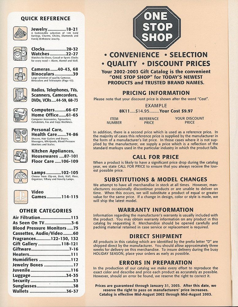 One Stop Shopping 2002 - 2003 Gift Catalog > Contents