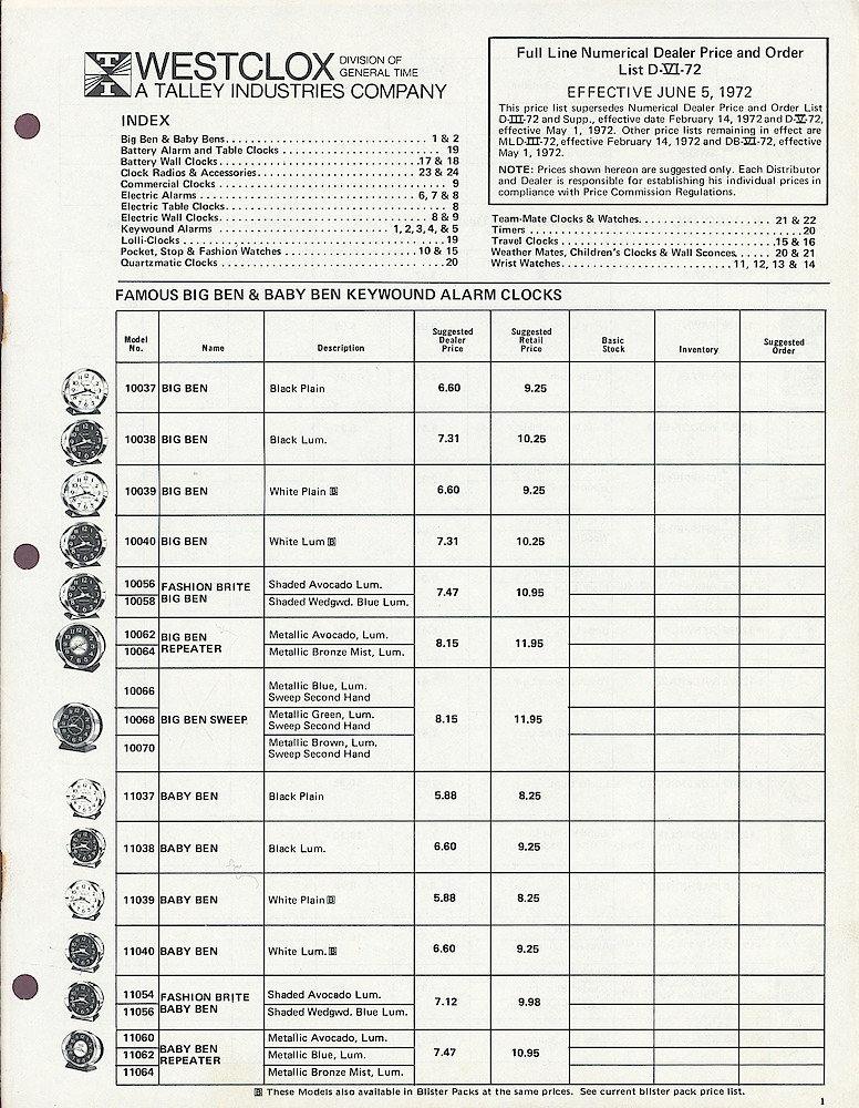 1972 Westclox Price List D-IV-72 > 1