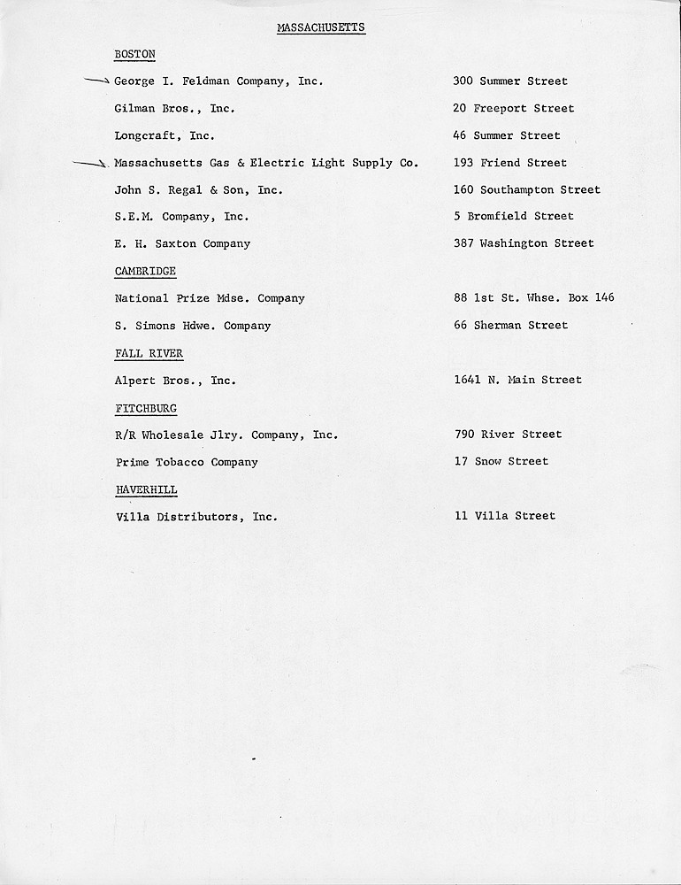 1972 Westclox Price List D-IV-72 > Dealer List Massachusetts