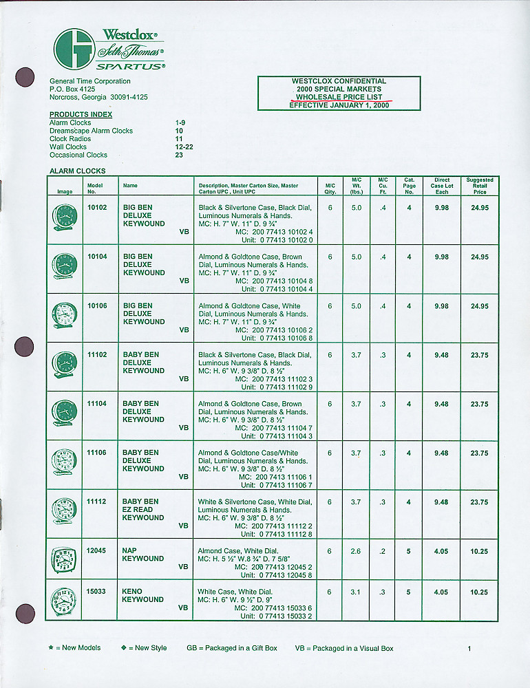 2000 Westclox Price List - Special Markets > 1