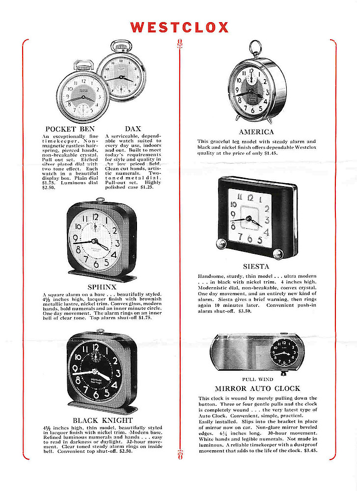 Westclox, Canada 1936 Catalog > 6. Pocket Ben, Dax, America, Sphinx, Siesta, Black Knight, Pull-wind Mirror Auto Clock.