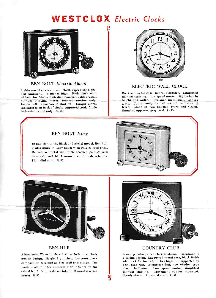 Westclox, Canada 1936 Catalog > 7. Ben Bolt Electric, Electric Wall Clock, Ben-Hur (looks Like The USA Ben Franklin Electric), Country Club Electric.