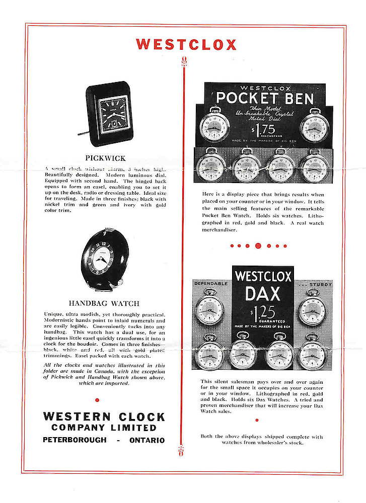 Westclox, Canada 1936 Catalog > 8. Pickwick, Handbag Watch, Pocket Ben Assortment, Dax Assortment.