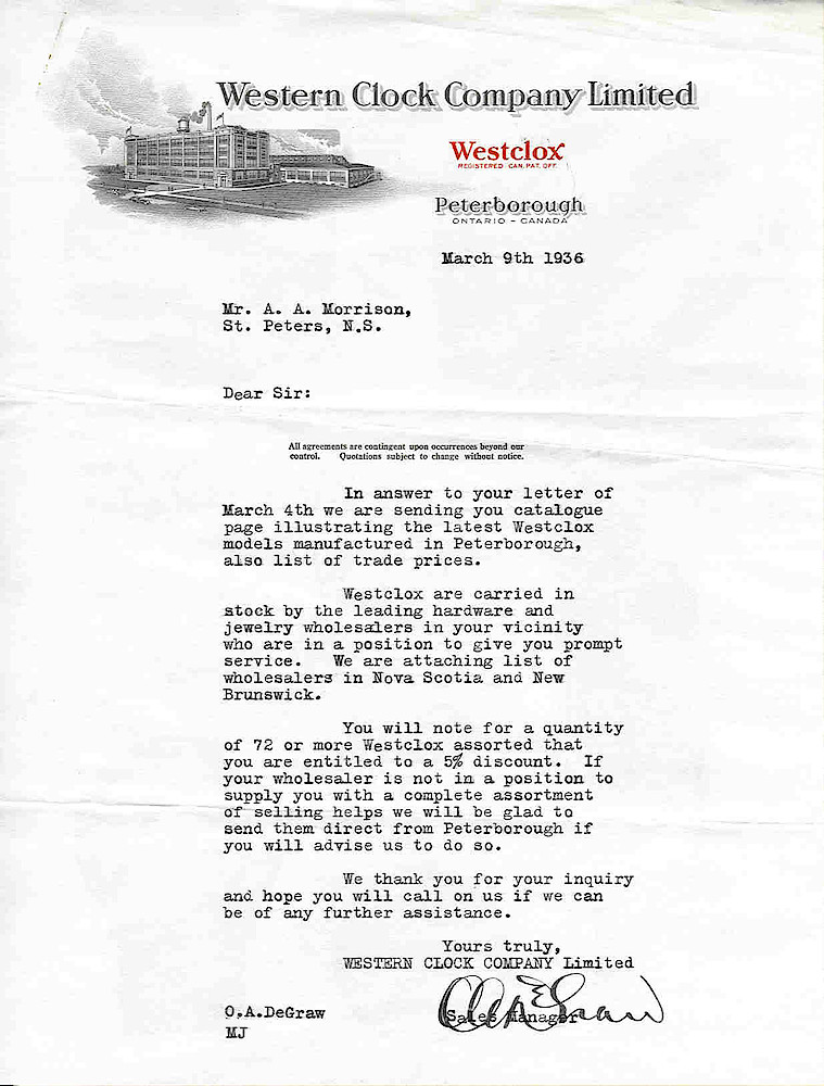Westclox, Canada 1936 Catalog > Letter. Letter Dated March 9, 1936.