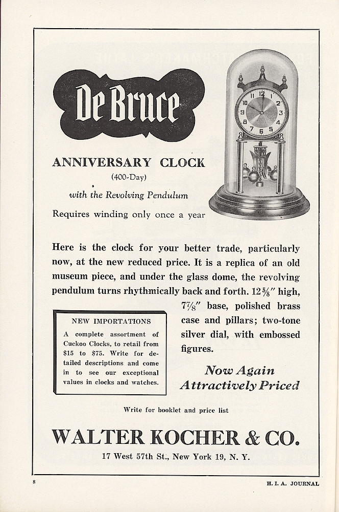 De Bruce 400 Day Clock, 1950. Now Again Attractively Priced. Walter Kocher & Co. 17 West 57th St., New York 19, N.Y. De Bruce Anniversary Clock (400-Day) With The Revolving Pendulum.