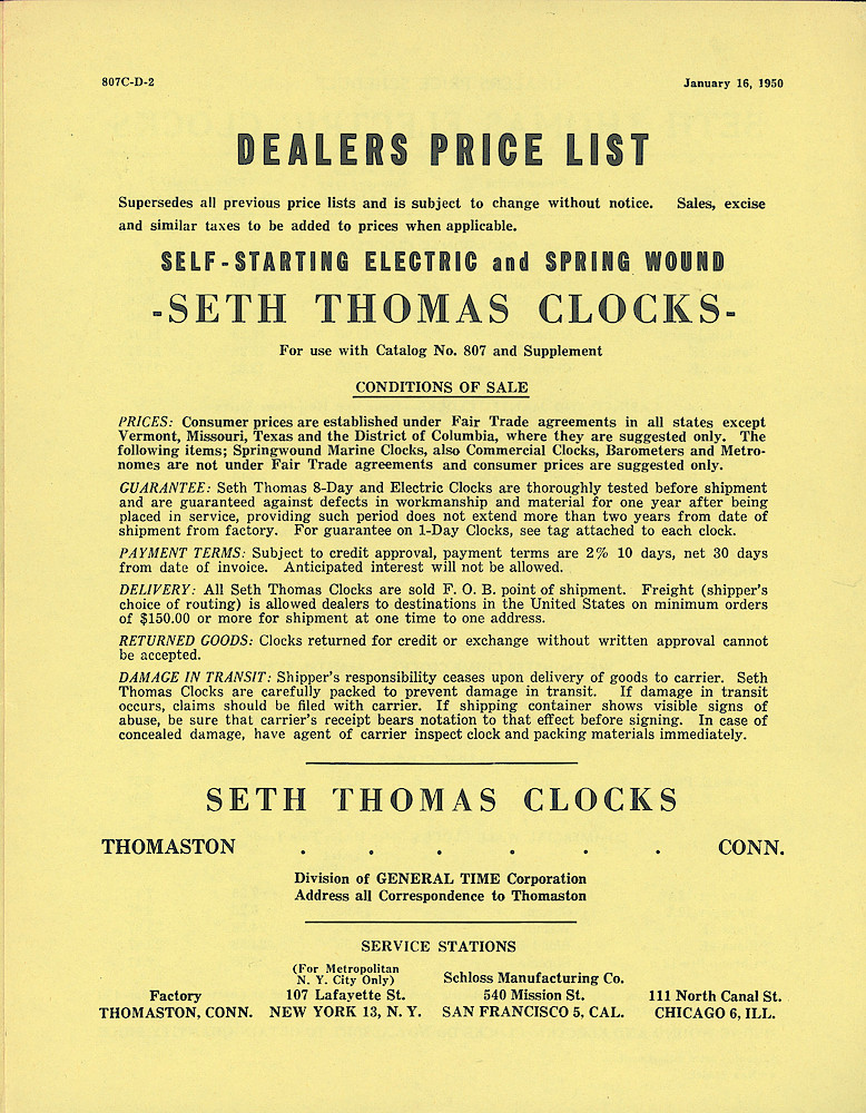 Dealers Price List. Self-Starting Electric and Spring Wound Seth Thomas Clocks > 1