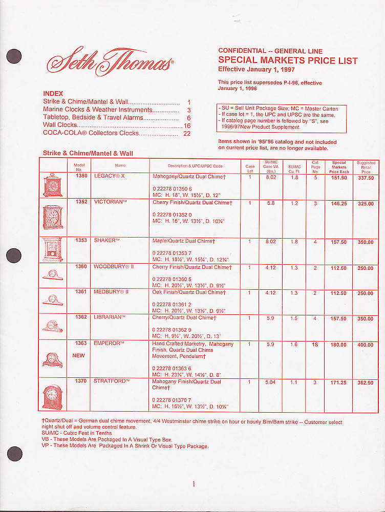 Seth Thomas Confidential-General Line Special Markets Price List 1997 > 1