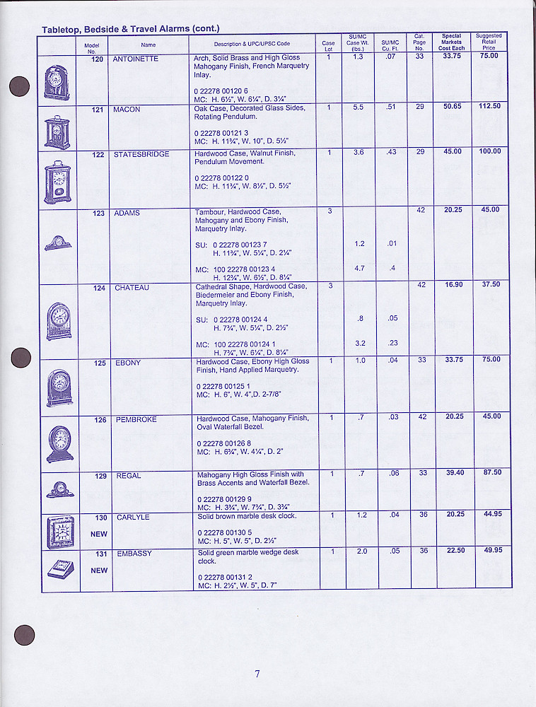 Seth Thomas Special Markets Price List 1998 - 1999 > 7