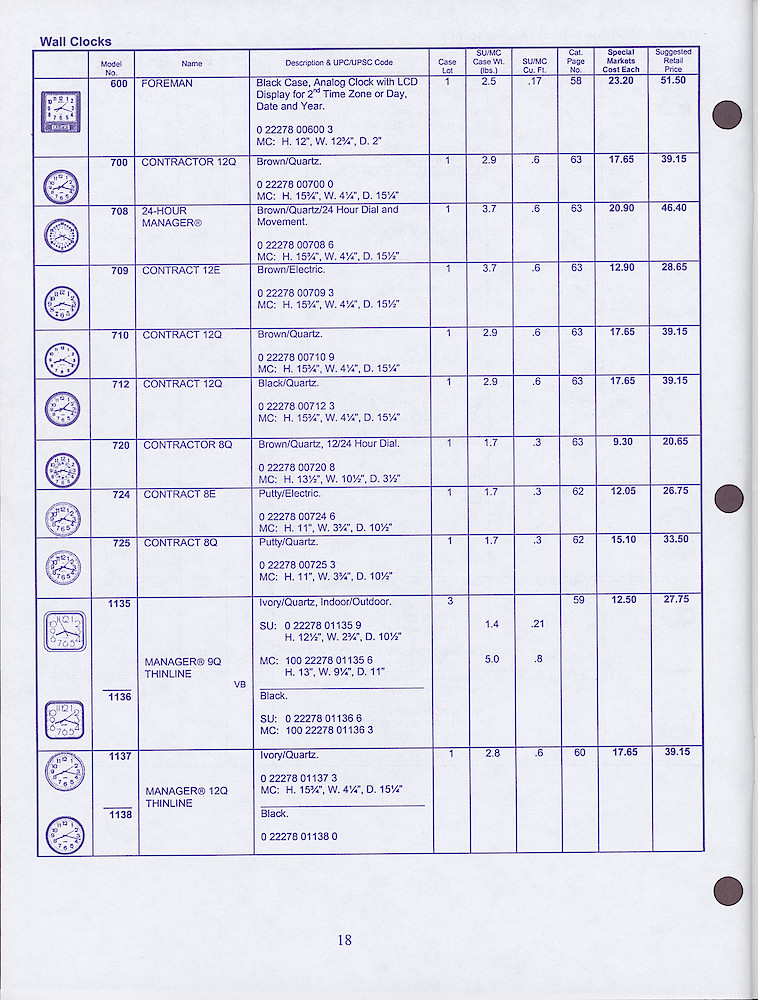 Seth Thomas Special Markets Price List 1998 - 1999 > 18