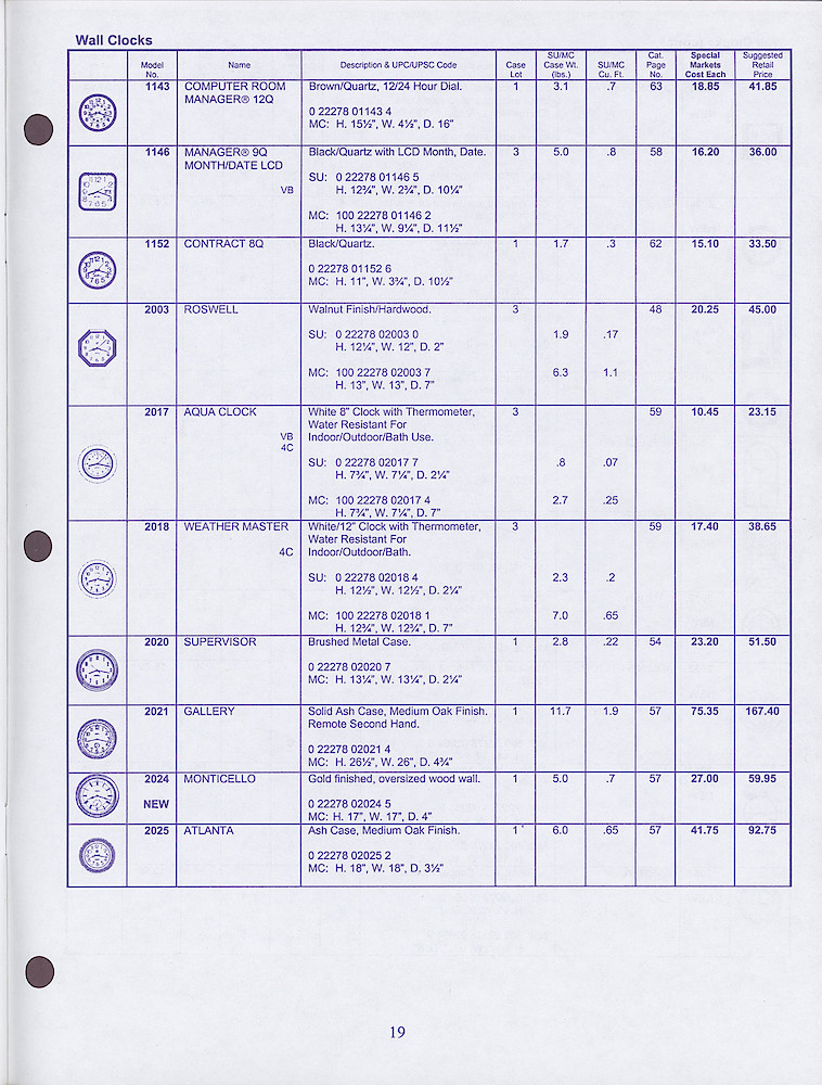 Seth Thomas Special Markets Price List 1998 - 1999 > 19