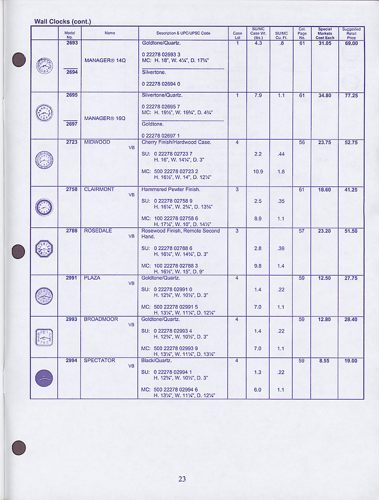 Seth Thomas Special Markets Price List 1998 - 1999 > 23