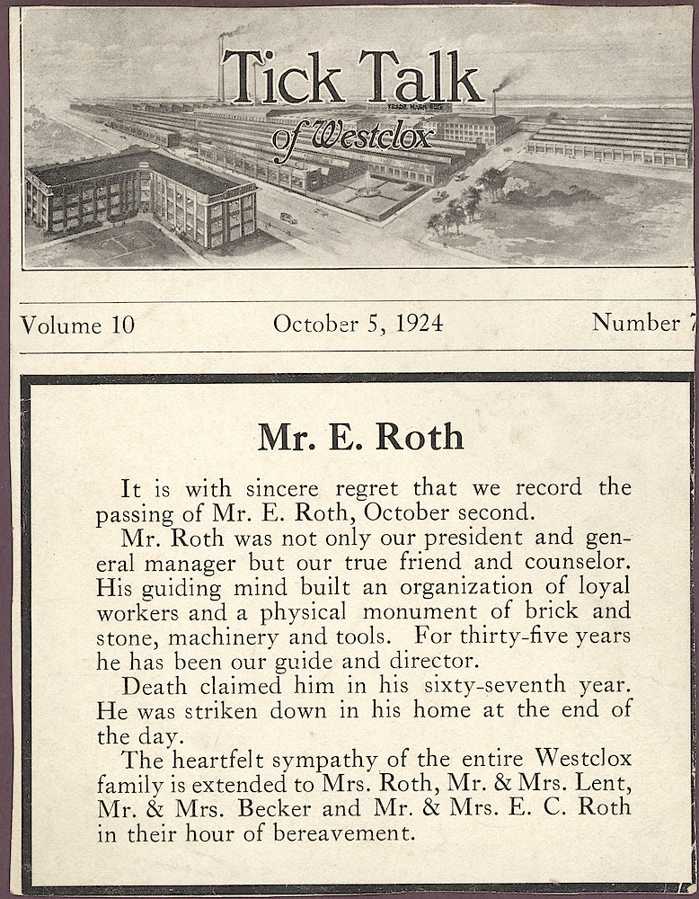 Tick Talk, October 5, 1924 (Factory Edition), Vol. 10 No. 7 > 1. Personnel: Ernst Roth Obituary