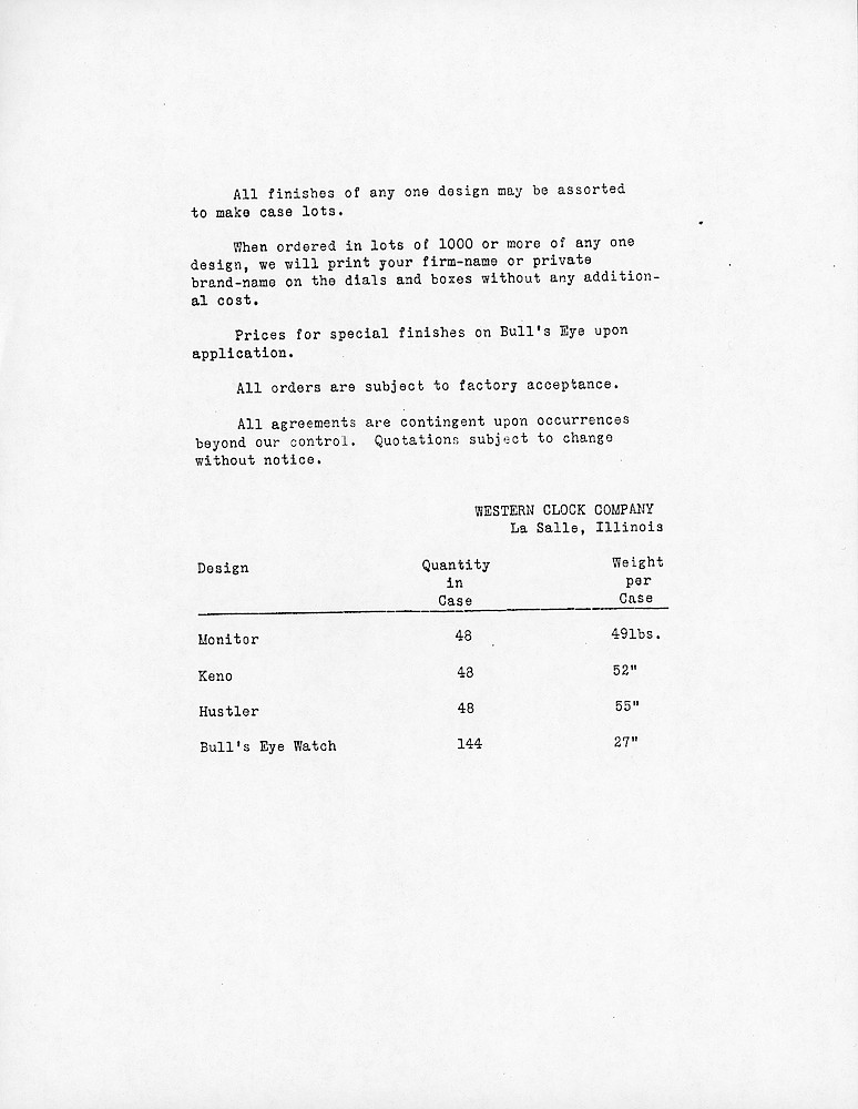 Westclox Nondescript Designs Quantity Prices, 1936 > 2