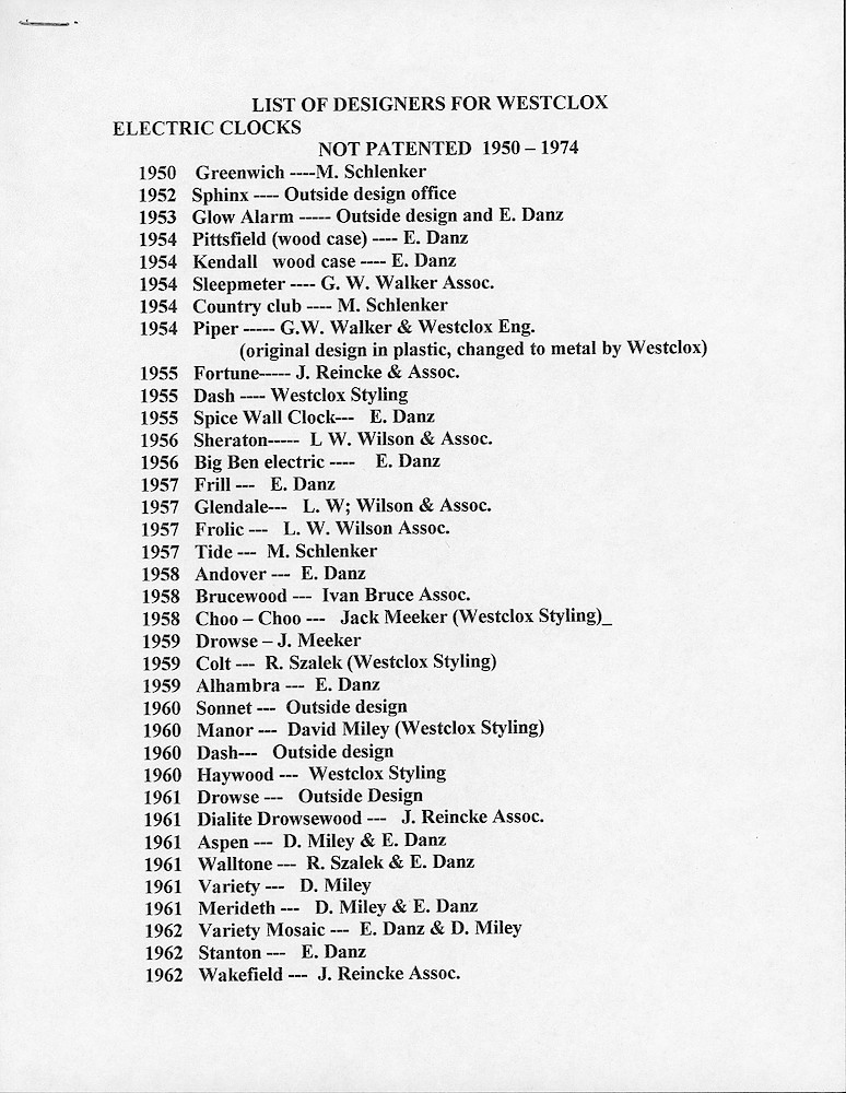 List of Designers of Westclox electric clocks (not patented) from 1950 - 1974 > 1