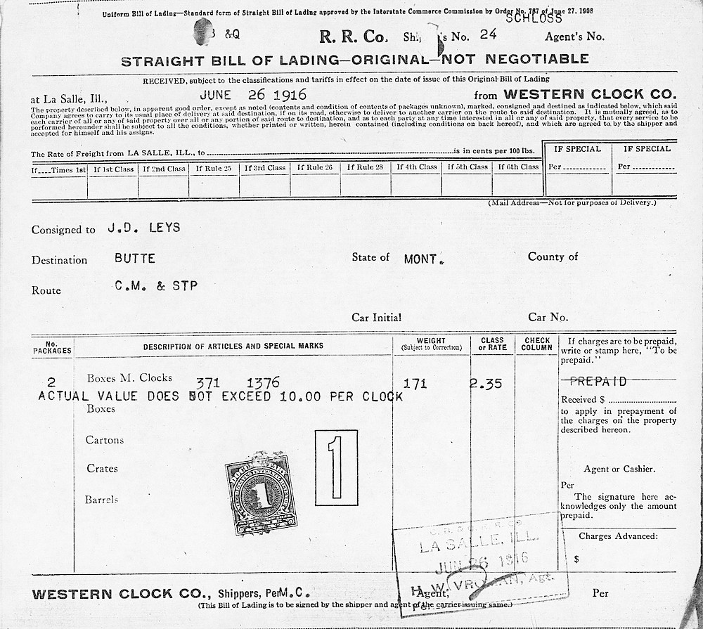 Invoice for 48 Big Ben and 18 baby Ben, Schloss Manufacturing Co., San Francisco. > Bill-Of-Lading