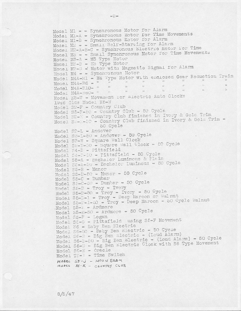 Model Number List > 4. Electric Motor Types, And List Of Electric Clock Factory Model Numbers And Their Model Names.