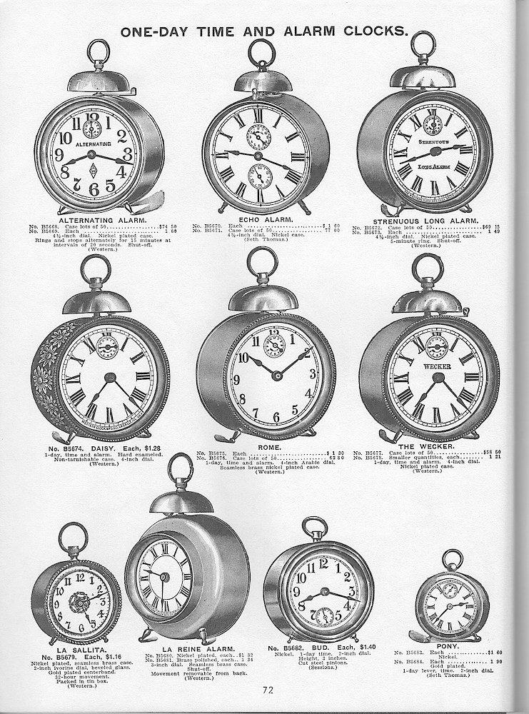 Young & Co., Catalogue of Clocks, Illustrated & Priced, 1911 > 72. Includes The "Wecker" Alarm Clock By Western Clock Mfg. Co.
