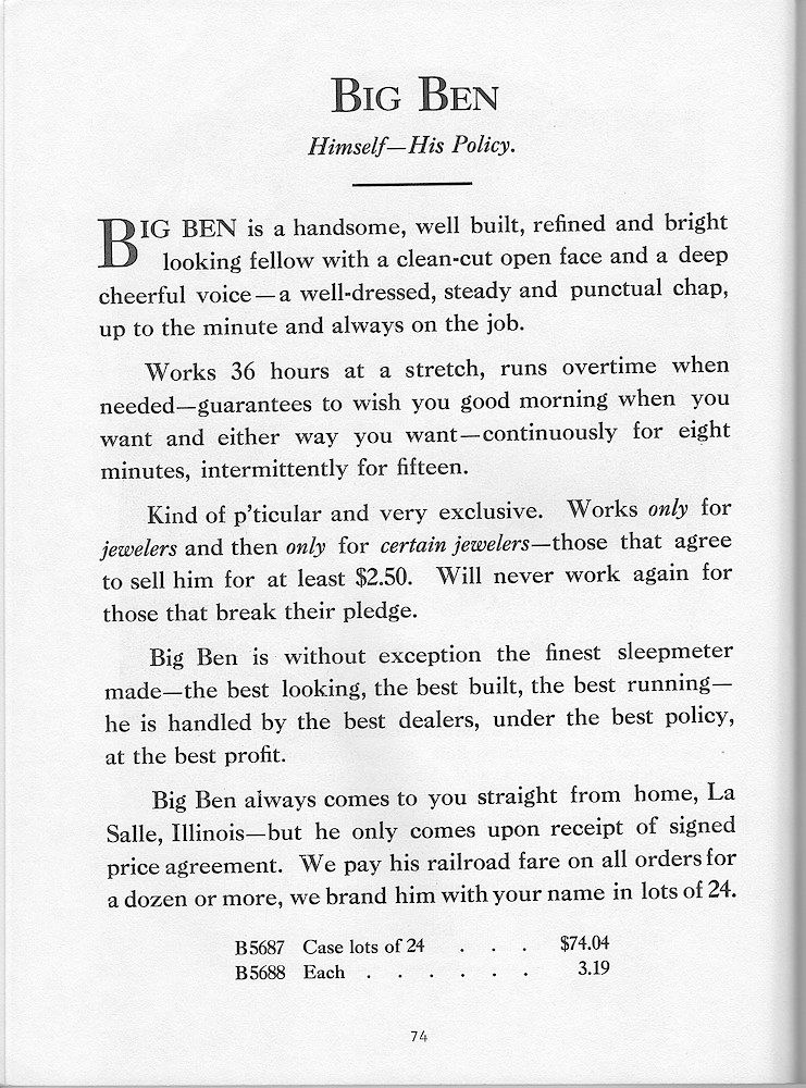 Young & Co., Catalogue of Clocks, Illustrated & Priced, 1911 > 74. Big Ben. Himself-His Policy