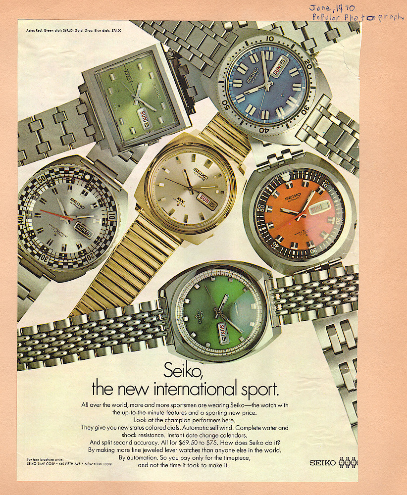 June 1970 Popular Photography Magazine. Seiko Jeweled Lever Wristwatches. Round And Rectangular With Green, Red, Blue, Silver And Gold Dials.