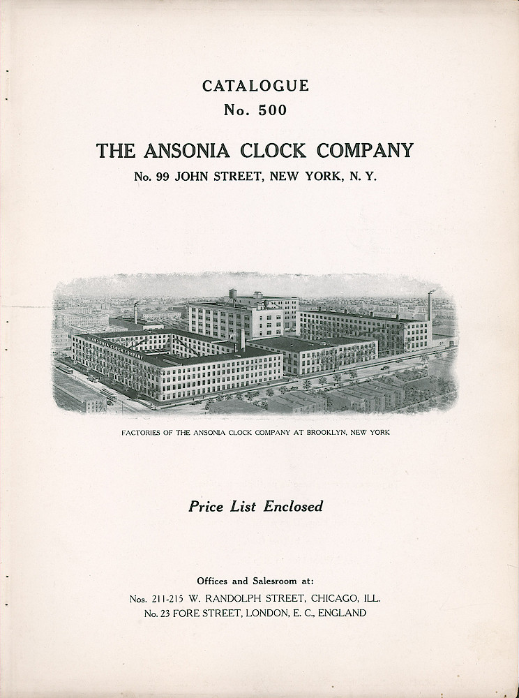ca. 1920 Ansonia Catalog > Title Page. Title Page. Shows A Picture Of The Factory.