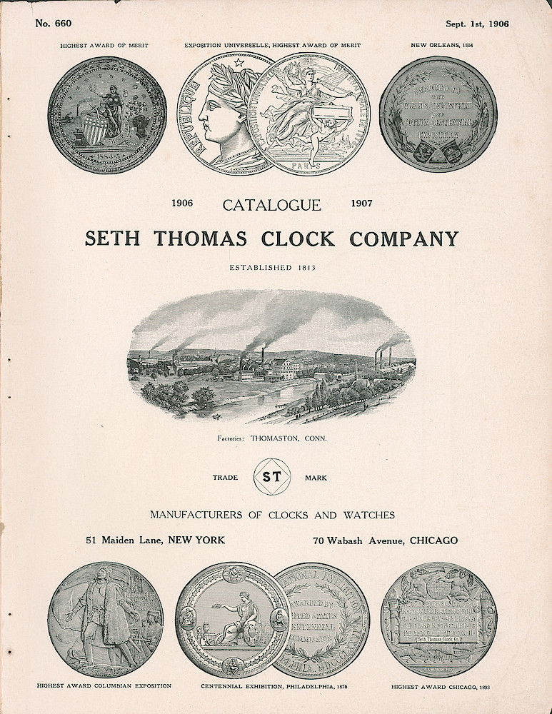 Seth Thomas 1906 - 1907 Catalog > Title Page. Photo Of Factory, List Of Awards Won.