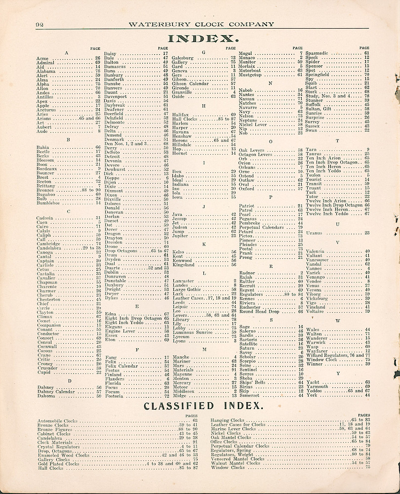 Waterbury Clock Company, 1909 - 1910 Catalog, Canada > Index