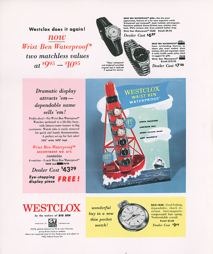 Westclox 1957 New Items > Wrist Ben Waterproof, Dax