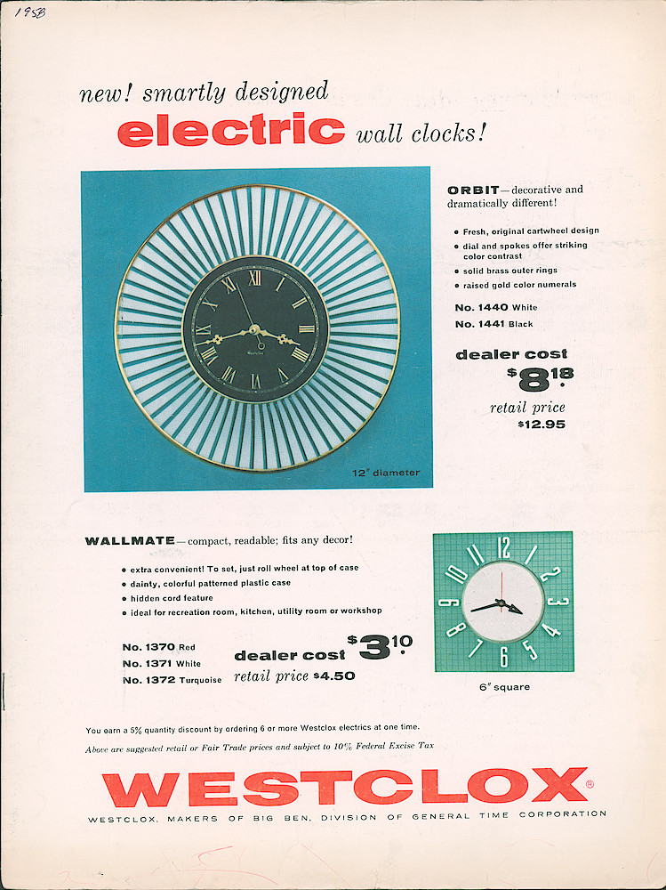 Westclox 1958 New Items > Electric Wall Orbit, Wallmate
