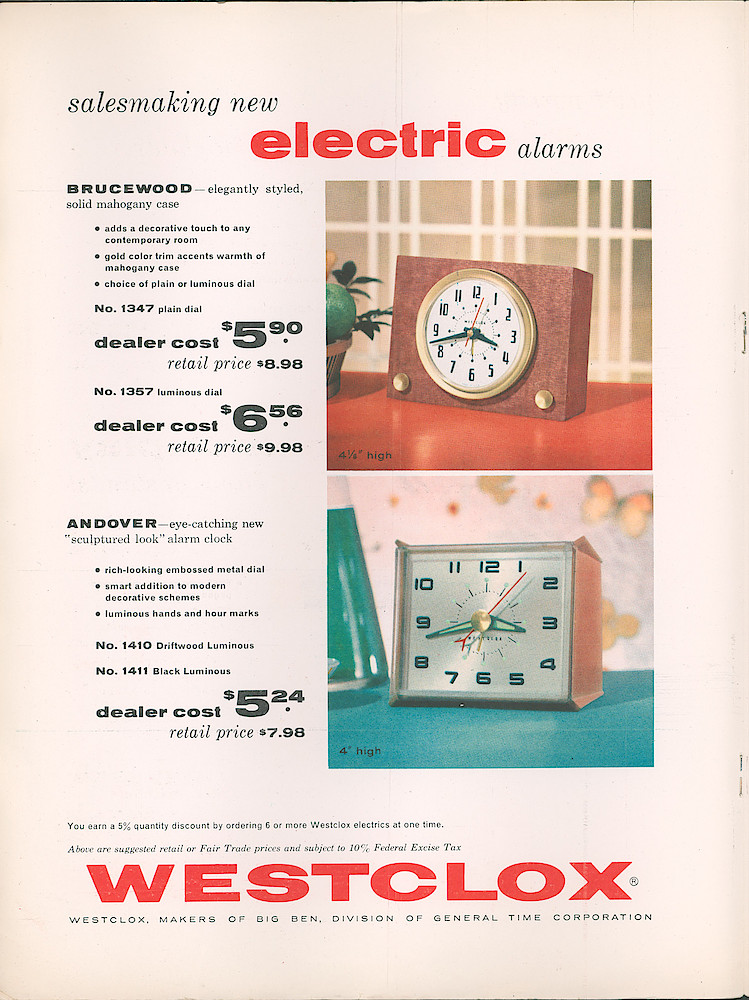 Westclox 1958 New Items > Electric Alarms Brucerwood, Andover