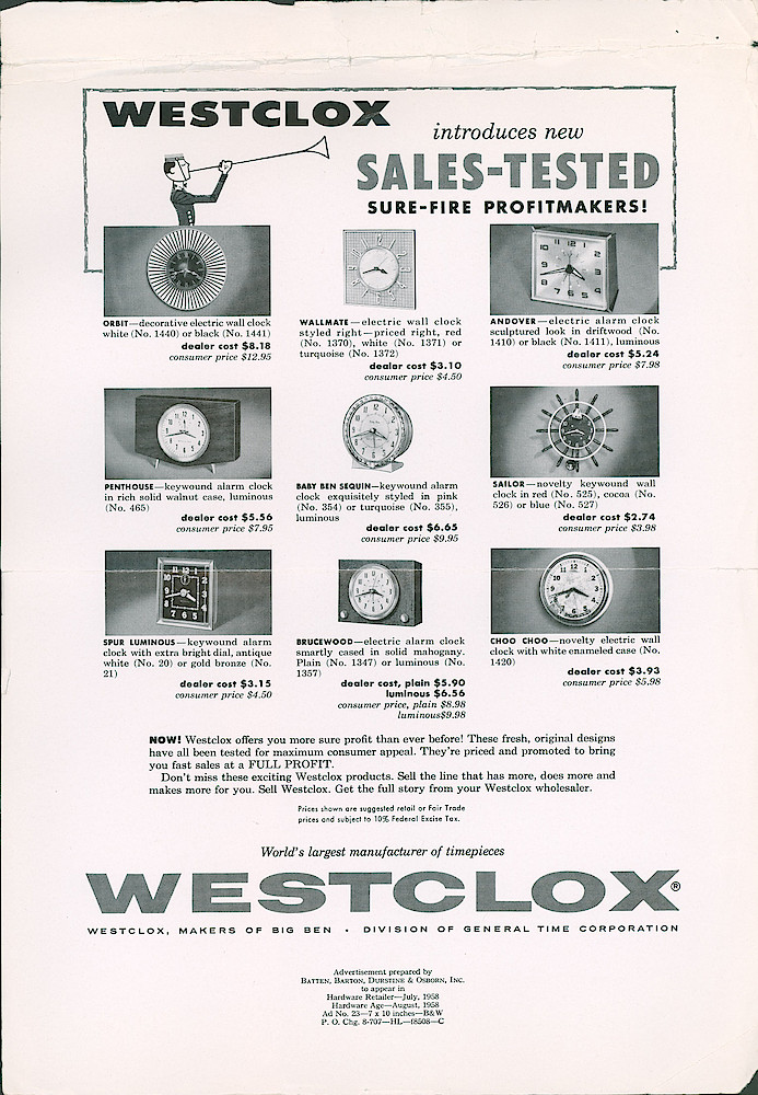 1958, Westclox Introduces new sales-tested sure-fire profitmakers. Orbit, Andover, Wallmate, Penthouse, Baby Ben Sequin, Sailor, Spur Luminous, Brucewood, Choo Choo.