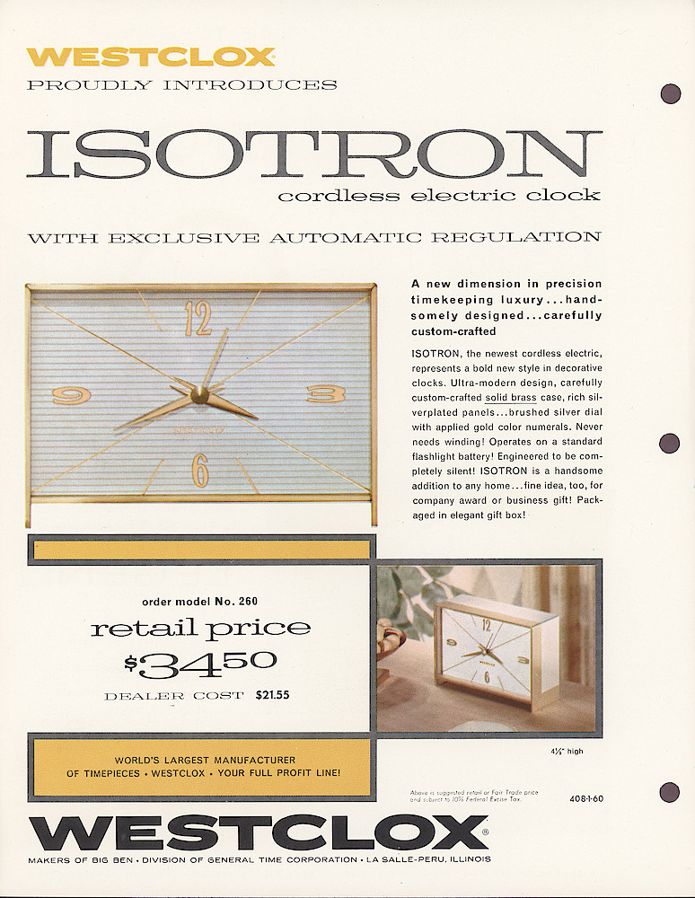 Westclox 1960 New Product Sheets > Isotron Battery Clock. 408-1-60 Back Side