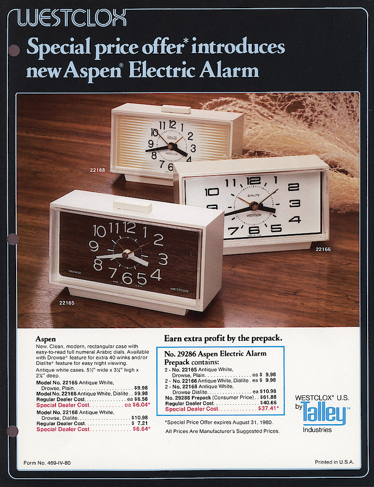 Westclox 1980 Product Sheets > Aspen-Alarm-Introduction. Form No. 469-IV-80