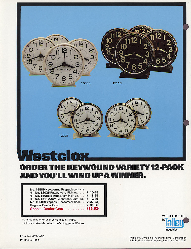 Westclox 1980 Product Sheets > Keywound-2. Form No. 459-IV-80