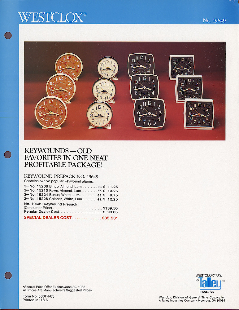 KeywoundsOld Favorites in one New Profitable Package. Bingo, Fawn, Bonus, Chipper. Form No. 586F-1-83. Westclox, Division Of General Time Corporation, A Talley Industries Company, Norcross, GA, 30092.