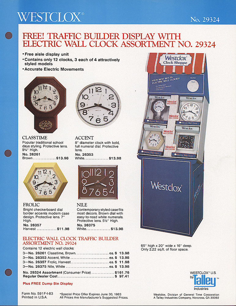 Westclox Wall Clock Traffic Builders (Displays) > Electric Clocks. Form No. 591 F-1-83. Westclox, Division Of General Time Corporation, A Talley Industries Company, Norcross, GA, 30092.